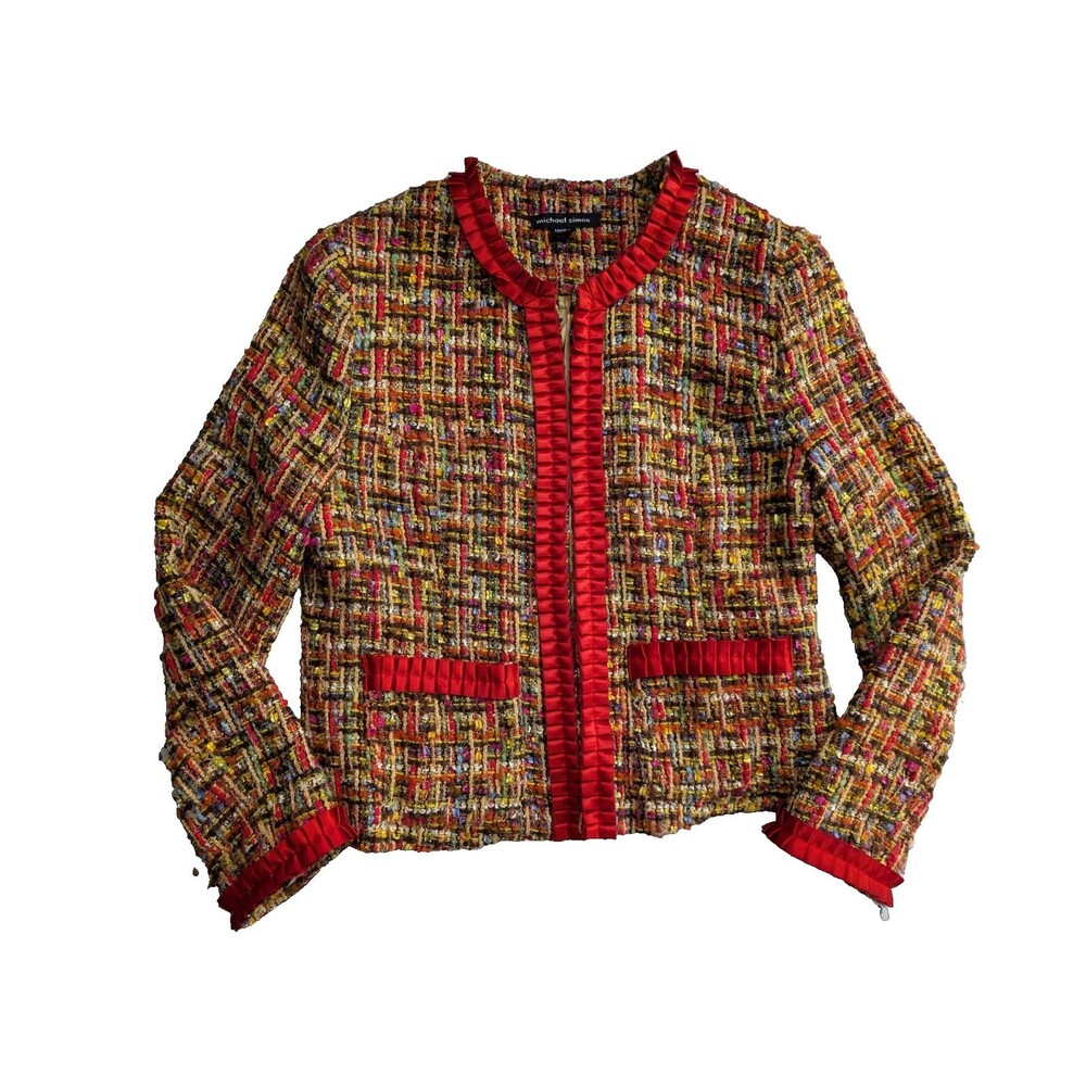 Michael Simon Multicolor Boucle Tweed Jacket Red Pleated Trim Women’s L